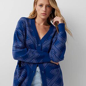Simon's Women's Royal Blue & White Longline Graphic/Geometric Cardigan (Size S)